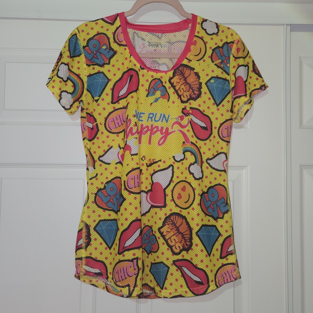 We Run Happy -Yellow, Emojis Marathon Running Mesh Shirt  Size M